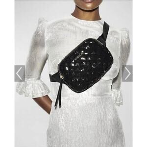 NEW MZ Wallace Black Quilted Sequin Madison Belt Bag Fanny Pack Gold Tone Zipper